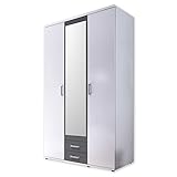 Stella Trading HANAU Armario con puerta de espejo en blanco y grafito, Armario versátil de 3 puertas batientes para tu dormitorio, 120 x 196 x 54 cm (ancho/alto/profundo)