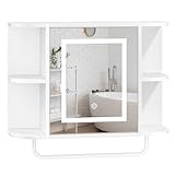 MAHANCRIS Gabinete de Pared para Baño, Armario Botiquín con Espejo Iluminado y Toallero, Armario sobre Inodoro con Estantes Ajustables, para Baño, Lavadero, Sala de Estar, Blanco AWCWT33UE01