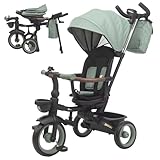 Twinly Triciclo Evolutivo Bebé Plegable 1-5 Años con Asiento Reclinable y Reversible – Acompaña el crecimiento del bebé, Freno y cinturón seguro de 5 puntos y barra de protección SAMI (Dark Green)