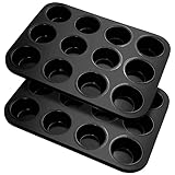 Fousenuk Juego de 2 Moldes Magdalenas Horno, Recubrimiento Antiadherente Molde Muffins de Acero al Carbono para 12 Magdalenas Reutilizables para Cupcake, Brownie, Pudín 35 X 26 X 3.5 cm (Negro)