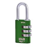IFAM Candado de Combinación Col Combi, 20mm, Color Verde, Máxima Seguridad, Ideal para Mochilas y Maletas, Con Clave y Más de 1.000 Combinaciones, Aluminio, Gran Ligereza, Arco 3mm