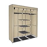 T-LOVENDO.ES Armario de Tela ropero estantería con Cremallera Plegable Modular portátil Grande 175 x 150 x 45 cm. Tubos de Acero para Perchas. Varios estantes Robusto y Estable. Beige