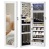 SONGMICS Espejo Joyero, Aramrio Joyero, 6 LEDs Gabinete de Joyería con Espejo, Montado a la Puerta o la Pared con Cerradura, Armario Organizador, con Espejo y 2 Cajones, Blanco JBC93W