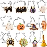 12 pcs moldes galletas Halloween, moldes de acero inoxidable para galletas, calabaza, sombrero de bruja, murciélago, fantasma, calavera, para hornear decoraciones de Halloween